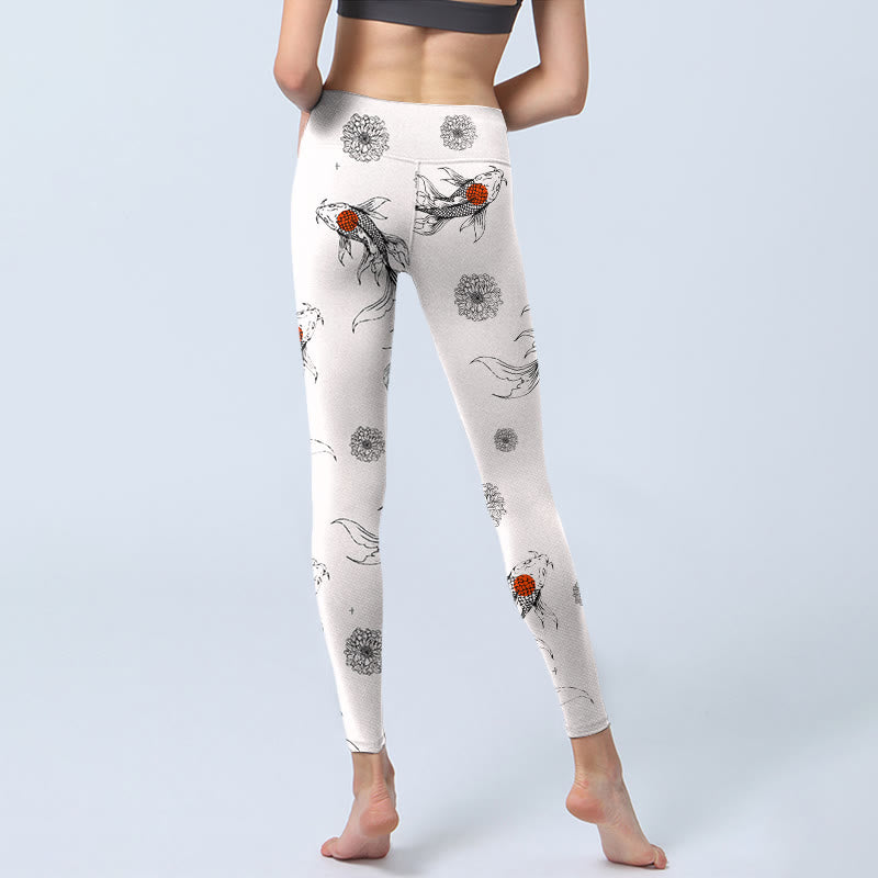 Leggings da palestra con stampa di Buddha Stones, motivo a pesce koi e crisantemo, pantaloni da yoga da donna - image 7
