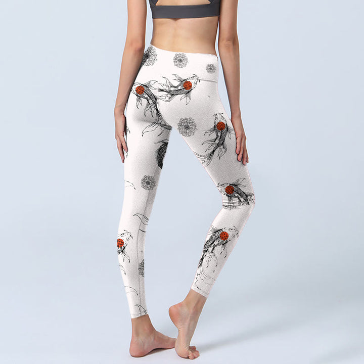 Leggings da palestra con stampa di Buddha Stones, motivo a pesce koi e crisantemo, pantaloni da yoga da donna - image 4