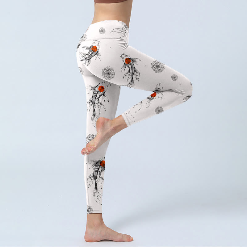 Leggings da palestra con stampa di Buddha Stones, motivo a pesce koi e crisantemo, pantaloni da yoga da donna - image 4