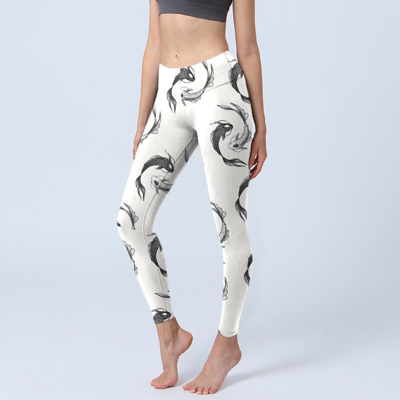 Leggings da palestra con stampa di Buddha Stones YinYang e motivo a pesce koi, pantaloni da yoga da donna - Bianco - US18, UK/AU22, EU50 (4XL) - image 0