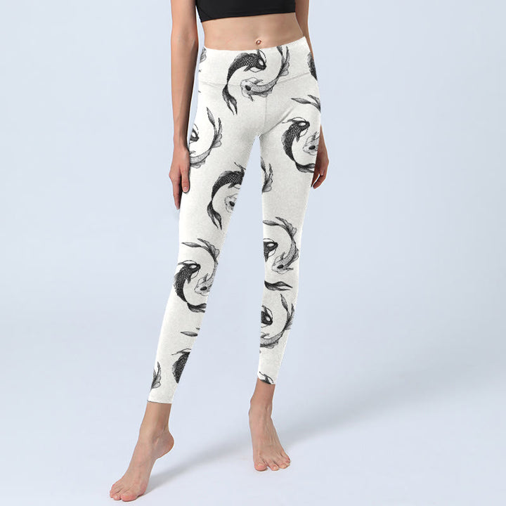 Leggings da palestra con stampa di Buddha Stones YinYang e motivo a pesce koi, pantaloni da yoga da donna - image 5