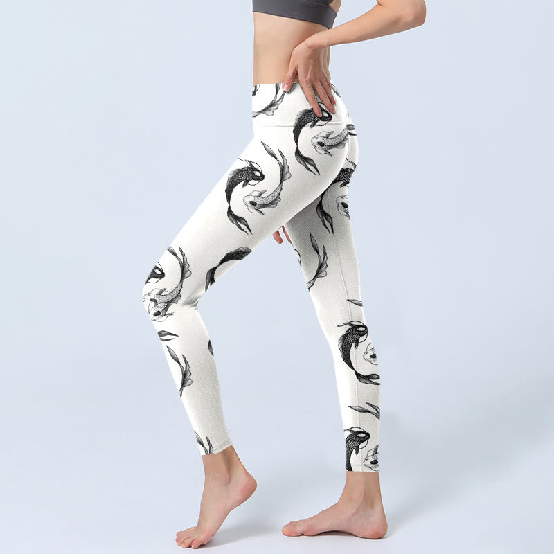 Leggings da palestra con stampa di Buddha Stones YinYang e motivo a pesce koi, pantaloni da yoga da donna - image 2