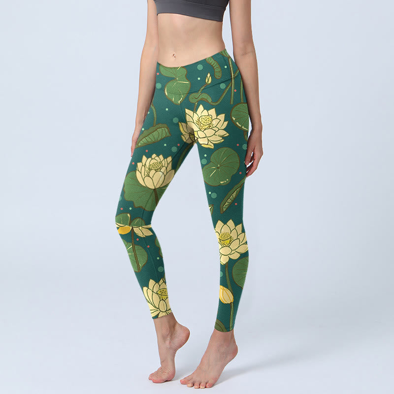 Leggings da palestra con stampa di Buddha Stones, fiori di loto in fiore, foglie di loto, pantaloni da yoga da donna - Verde foresta - US18, UK/AU22, EU50 (4XL) - image 0