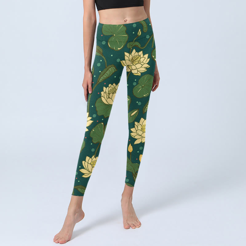 Leggings da palestra con stampa di Buddha Stones, fiori di loto in fiore, foglie di loto, pantaloni da yoga da donna - image 5