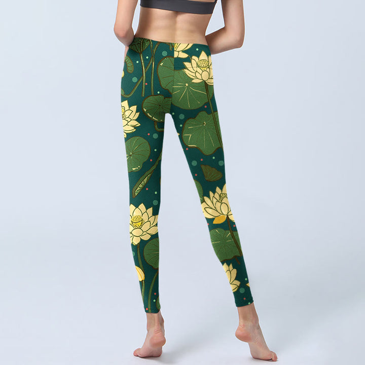 Leggings da palestra con stampa di Buddha Stones, fiori di loto in fiore, foglie di loto, pantaloni da yoga da donna - image 6