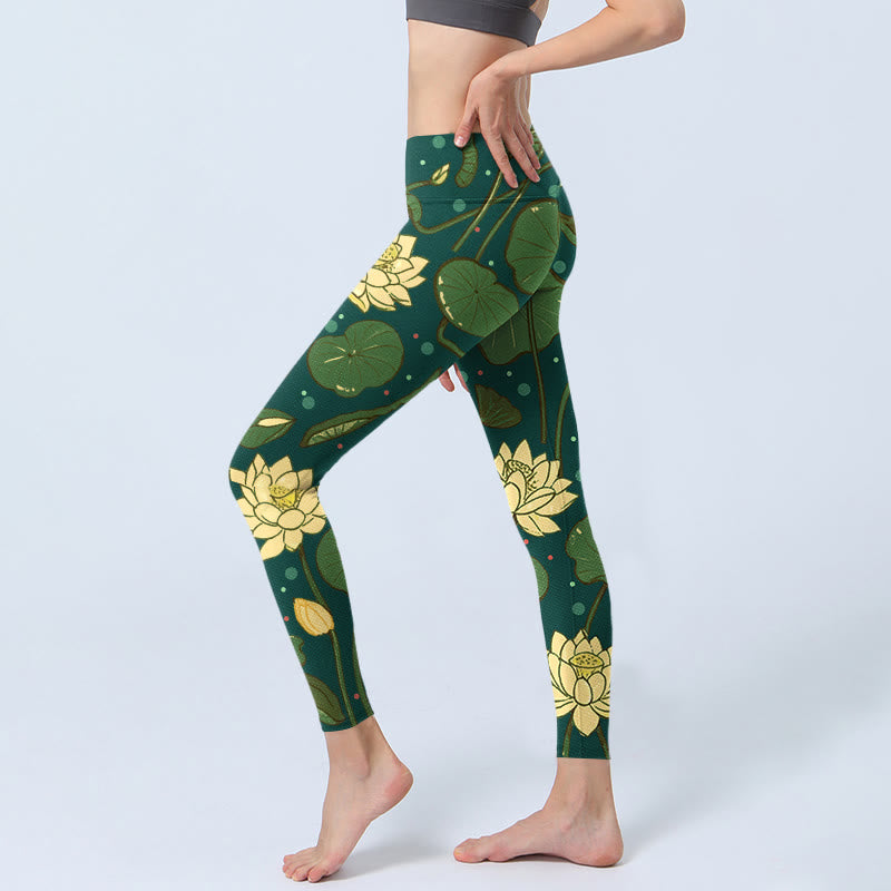 Leggings da palestra con stampa di Buddha Stones, fiori di loto in fiore, foglie di loto, pantaloni da yoga da donna - image 3