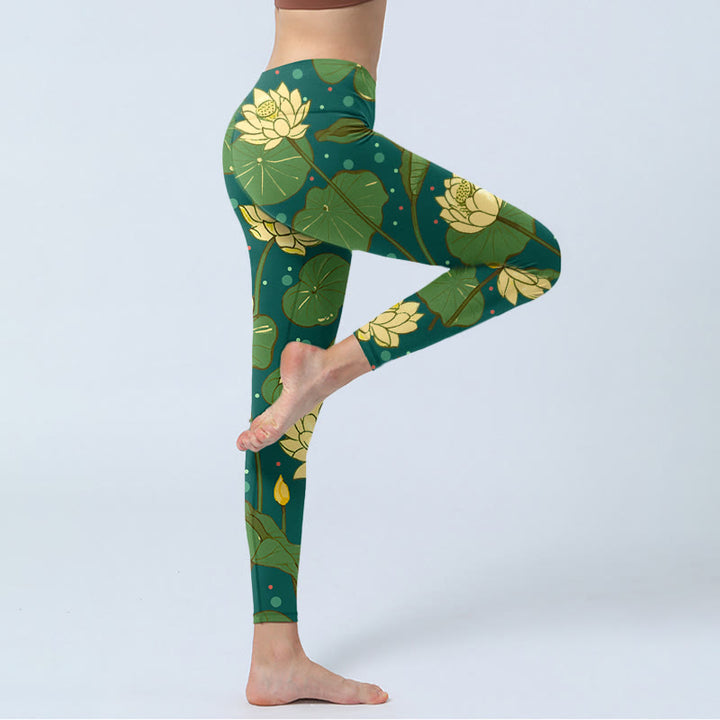 Leggings da palestra con stampa di Buddha Stones, fiori di loto in fiore, foglie di loto, pantaloni da yoga da donna - image 3