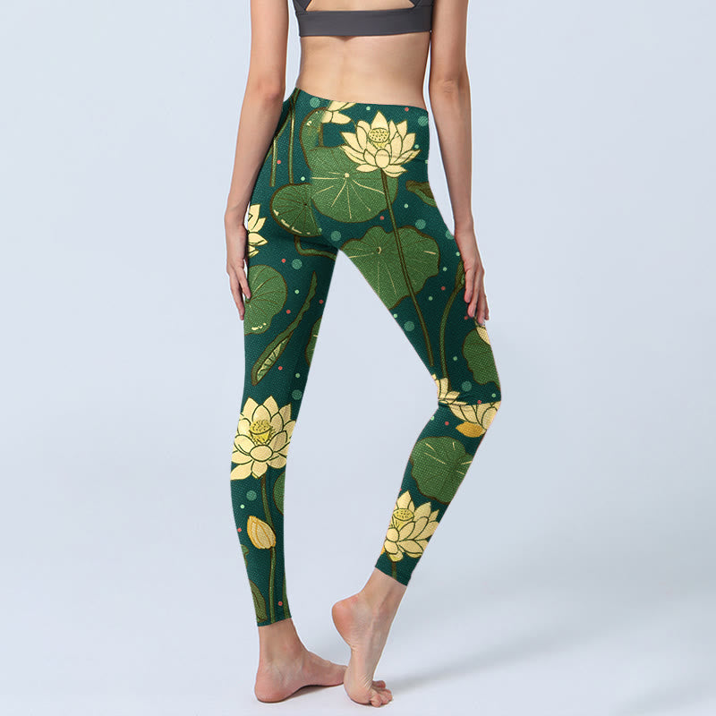Leggings da palestra con stampa di Buddha Stones, fiori di loto in fiore, foglie di loto, pantaloni da yoga da donna - image 4