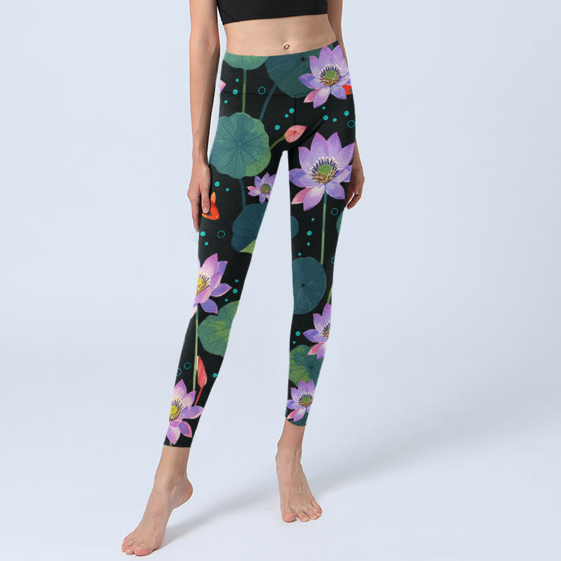 Leggings da palestra con stampa di Buddha Stones, fiori di loto viola chiaro, foglie di loto e motivo a pesce koi, pantaloni da yoga da donna - image 5