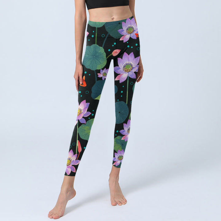 Leggings da palestra con stampa di Buddha Stones, fiori di loto viola chiaro, foglie di loto e motivo a pesce koi, pantaloni da yoga da donna - image 5