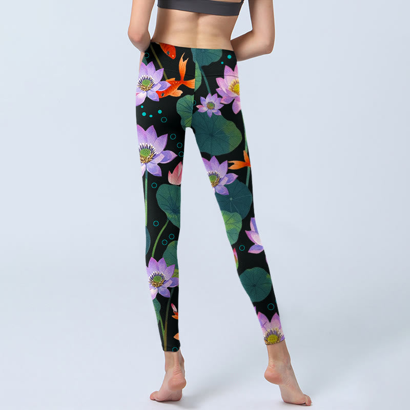 Leggings da palestra con stampa di Buddha Stones, fiori di loto viola chiaro, foglie di loto e motivo a pesce koi, pantaloni da yoga da donna - image 6