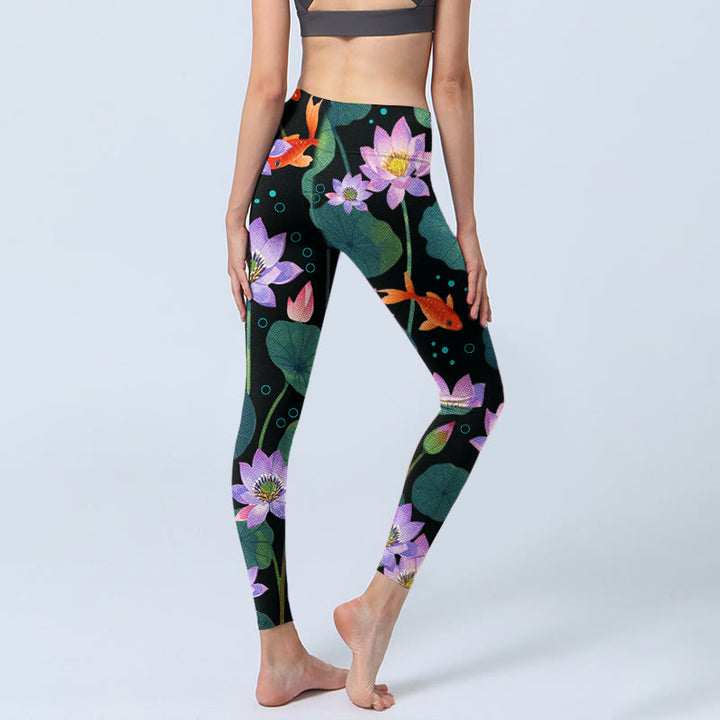 Leggings da palestra con stampa di Buddha Stones, fiori di loto viola chiaro, foglie di loto e motivo a pesce koi, pantaloni da yoga da donna - image 3