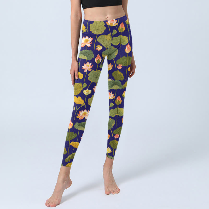 Leggings da palestra con stampa di Buddha Stones , fiori di loto rosa e bianchi, modello di foglie di loto, pantaloni da yoga da donna - image 5