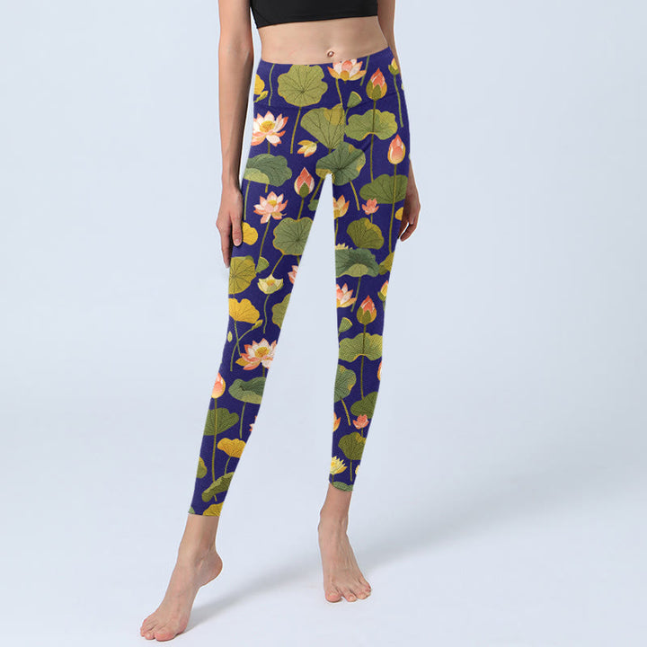 Leggings da palestra con stampa di Buddha Stones , fiori di loto rosa e bianchi, modello di foglie di loto, pantaloni da yoga da donna - image 5