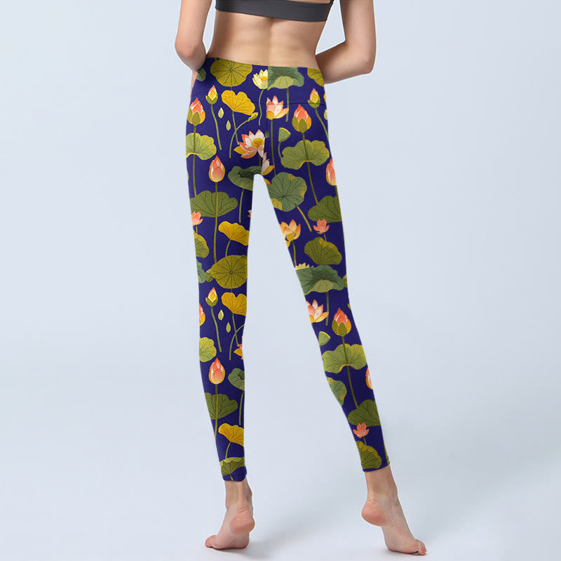 Leggings da palestra con stampa di Buddha Stones , fiori di loto rosa e bianchi, modello di foglie di loto, pantaloni da yoga da donna - image 7