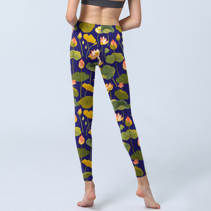 Leggings da palestra con stampa di Buddha Stones , fiori di loto rosa e bianchi, modello di foglie di loto, pantaloni da yoga da donna - image 7