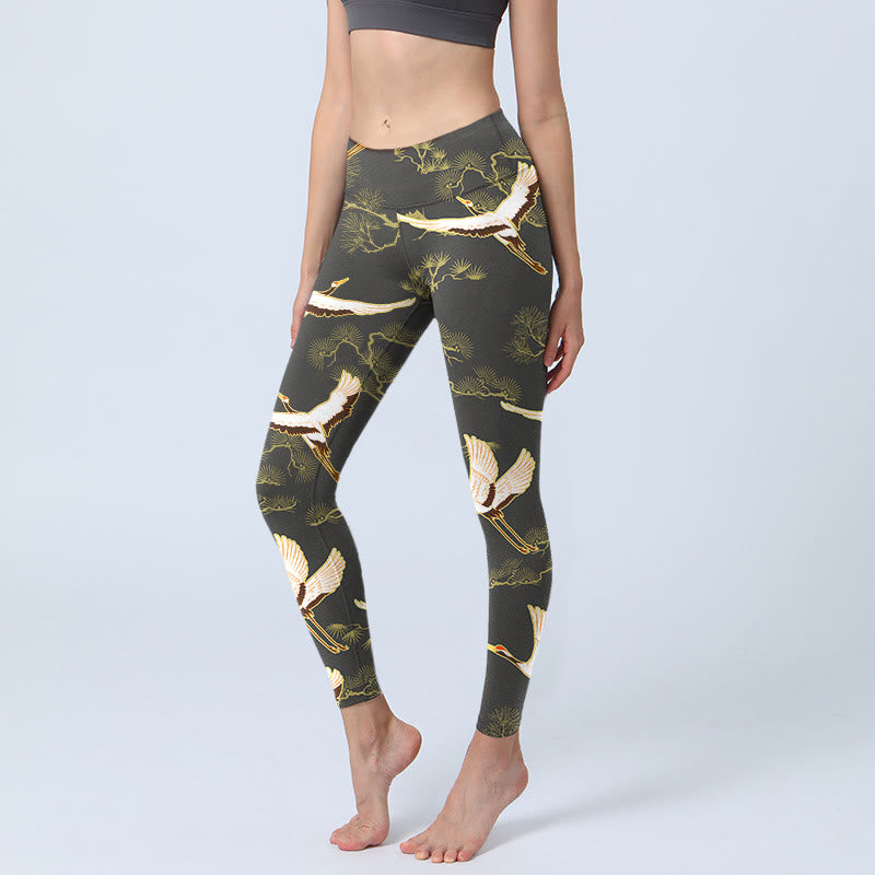 Leggings da palestra con stampa di Buddha Stones, modello di gru che vola, modello di pino, pantaloni da yoga da donna - Nero - US18, UK/AU22, EU50 (4XL) - image 1