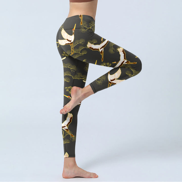 Leggings da palestra con stampa di Buddha Stones, modello di gru che vola, modello di pino, pantaloni da yoga da donna - image 4