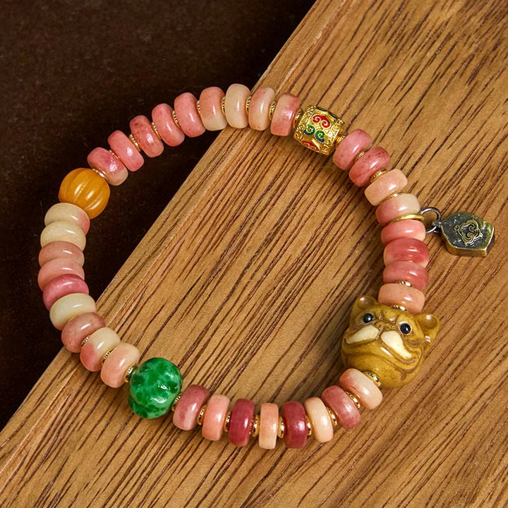 Braccialetto portafortuna Pug con perline di sangue viola in osso di cammello tibetano naturale Buddha Stones