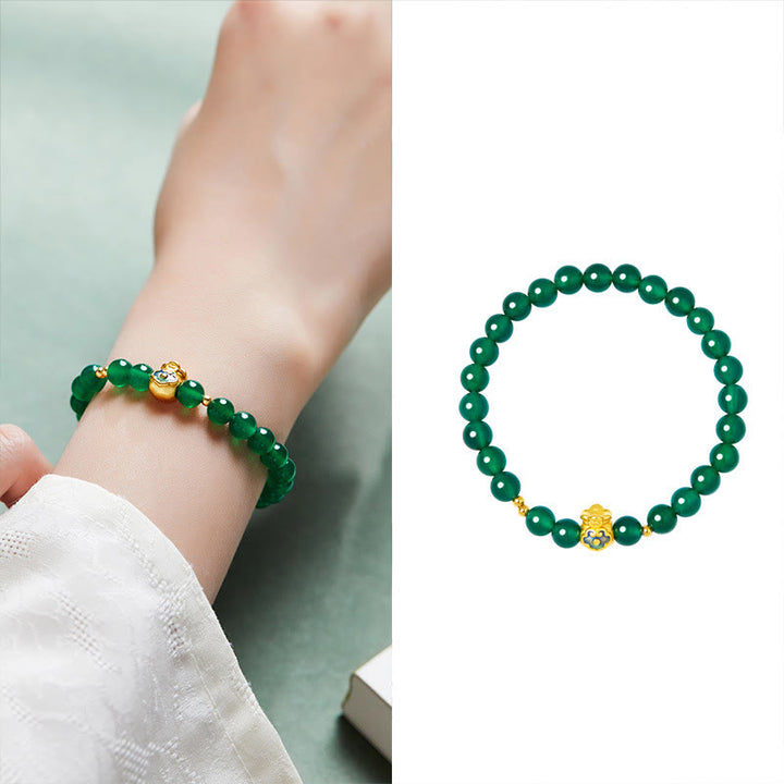 Bracciale Buddha Stones in argento sterling 999 con calcedonio verde e ciondolo portafortuna