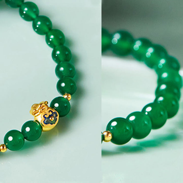 Bracciale Buddha Stones in argento sterling 999 con calcedonio verde e ciondolo portafortuna