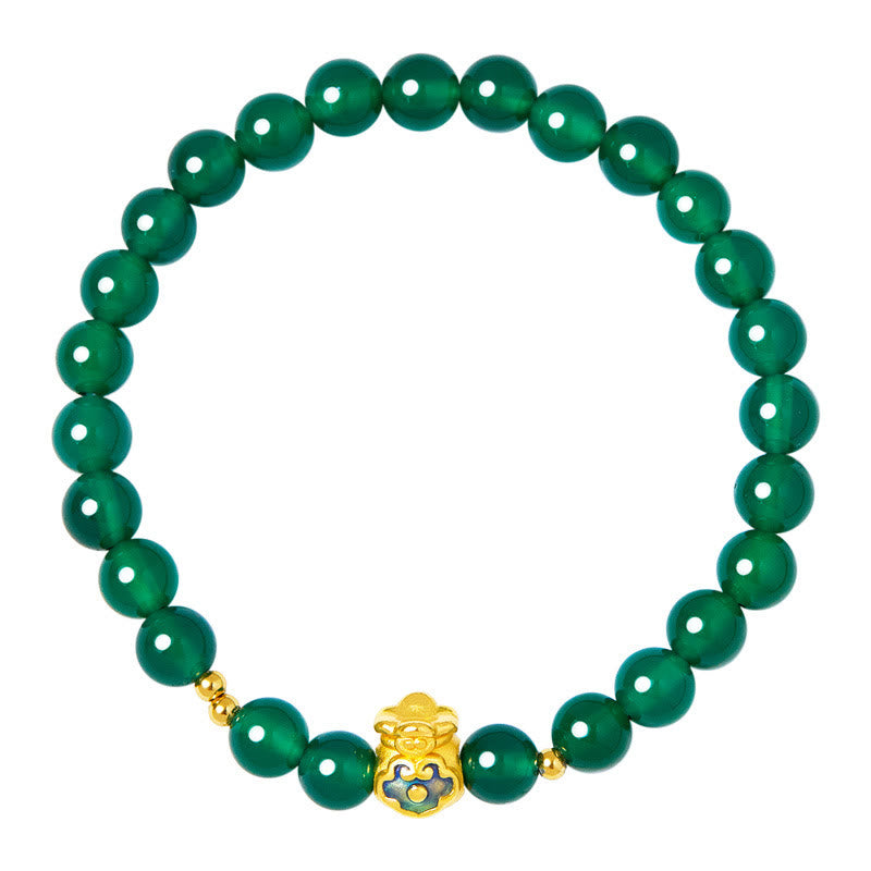 Bracciale Buddha Stones in argento sterling 999 con calcedonio verde e ciondolo portafortuna
