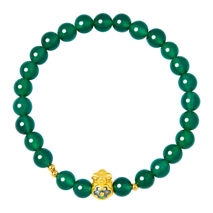 Bracciale Buddha Stones in argento sterling 999 con calcedonio verde e ciondolo portafortuna