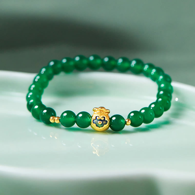 Bracciale Buddha Stones in argento sterling 999 con calcedonio verde e ciondolo portafortuna
