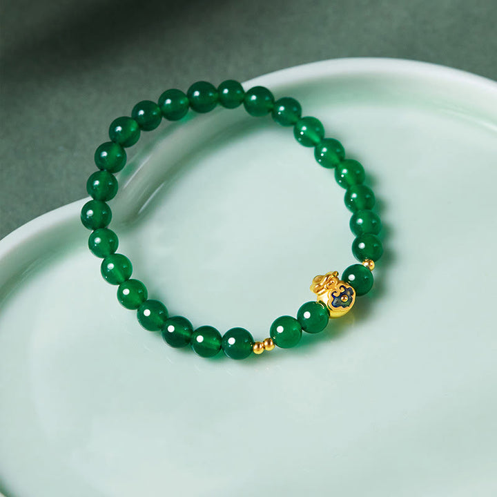 Bracciale Buddha Stones in argento sterling 999 con calcedonio verde e ciondolo portafortuna