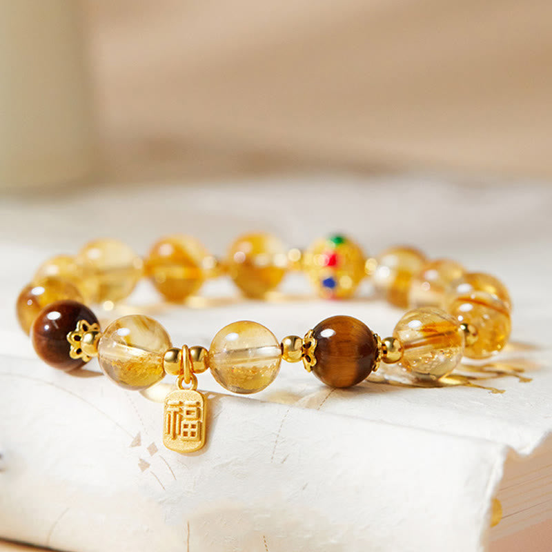 Bracciale di protezione in argento sterling 925 con citrino e occhio di tigre, carattere Fu, Buddha Stones