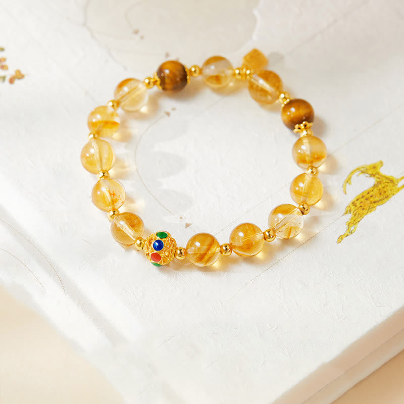 Bracciale di protezione in argento sterling 925 con citrino e occhio di tigre, carattere Fu, Buddha Stones