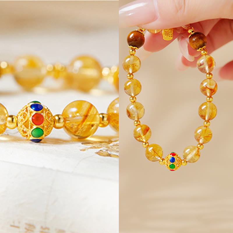 Bracciale di protezione in argento sterling 925 con citrino e occhio di tigre, carattere Fu, Buddha Stones