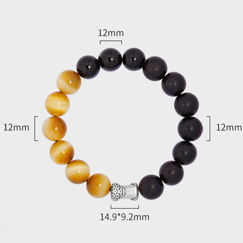 Bracciale relax Buddha Stones in argento sterling 999, ebano, occhio di tigre, ossidiana nera