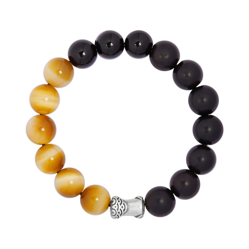 Bracciale relax Buddha Stones in argento sterling 999, ebano, occhio di tigre, ossidiana nera