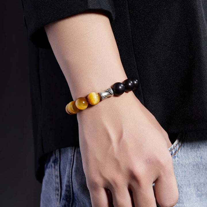 Bracciale relax Buddha Stones in argento sterling 999, ebano, occhio di tigre, ossidiana nera