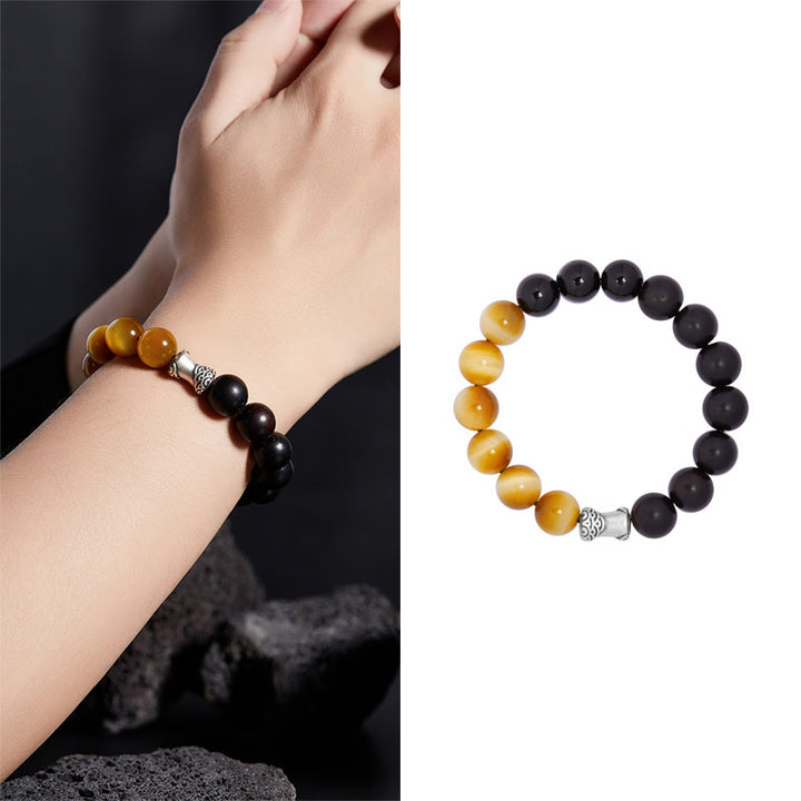 Bracciale relax Buddha Stones in argento sterling 999, ebano, occhio di tigre, ossidiana nera