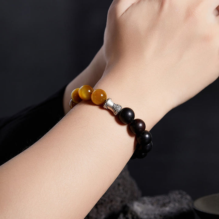 Bracciale relax Buddha Stones in argento sterling 999, ebano, occhio di tigre, ossidiana nera