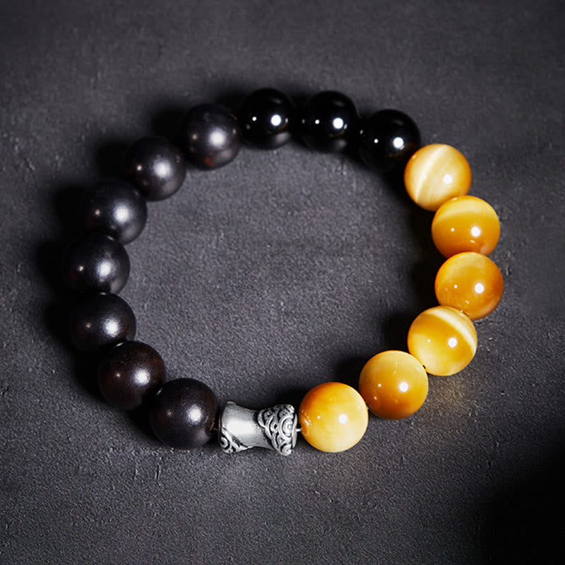 Bracciale relax Buddha Stones in argento sterling 999, ebano, occhio di tigre, ossidiana nera