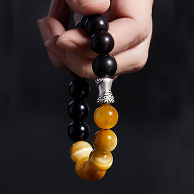 Bracciale relax Buddha Stones in argento sterling 999, ebano, occhio di tigre, ossidiana nera