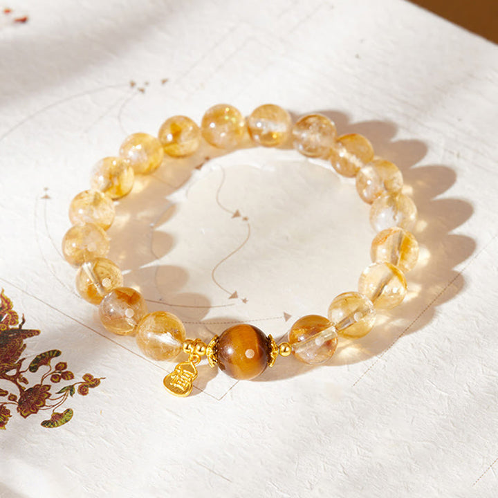 Bracciale della prosperità in argento sterling 925 con Buddha Stones , carattere Fu, citrino, occhio di tigre