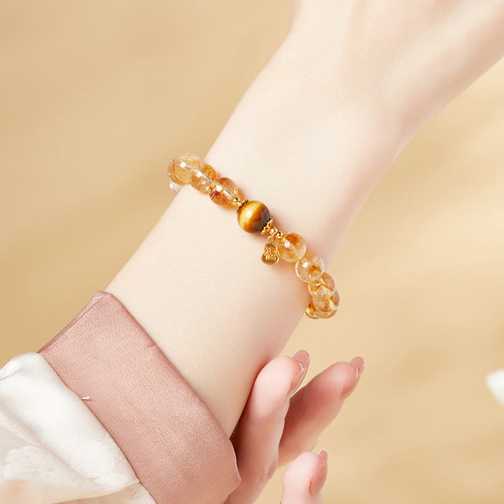 Bracciale della prosperità in argento sterling 925 con Buddha Stones , carattere Fu, citrino, occhio di tigre
