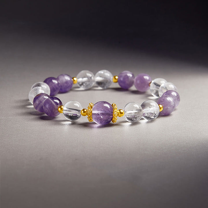 Bracciale Buddha Stones in argento sterling 925 con ametista naturale e cristallo bianco