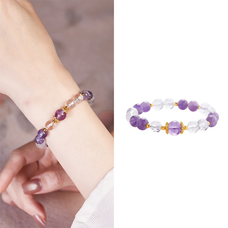Bracciale Buddha Stones in argento sterling 925 con ametista naturale e cristallo bianco