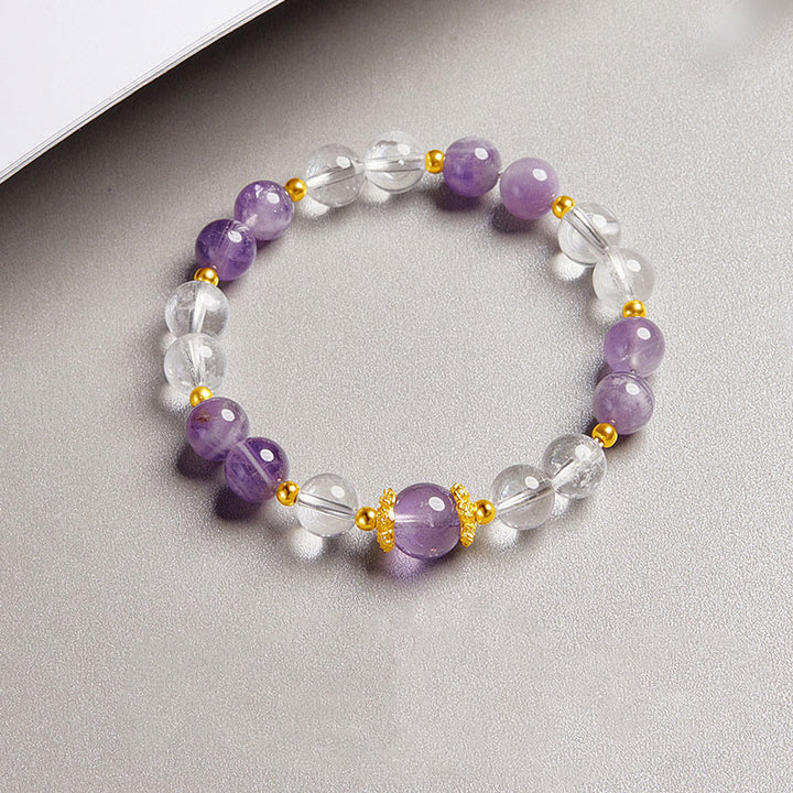 Bracciale Buddha Stones in argento sterling 925 con ametista naturale e cristallo bianco