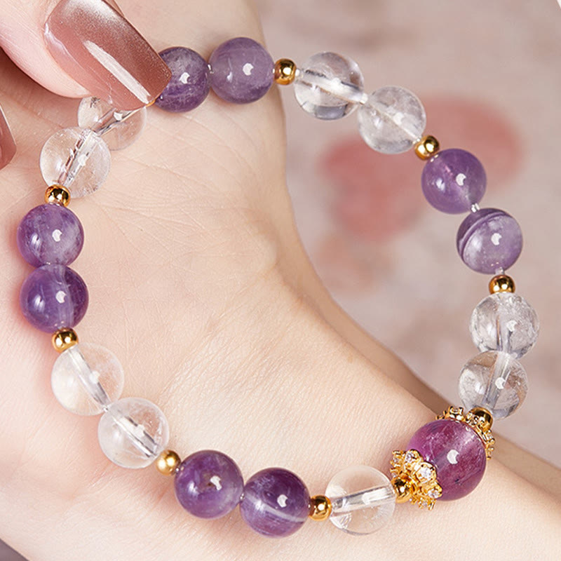 Bracciale Buddha Stones in argento sterling 925 con ametista naturale e cristallo bianco