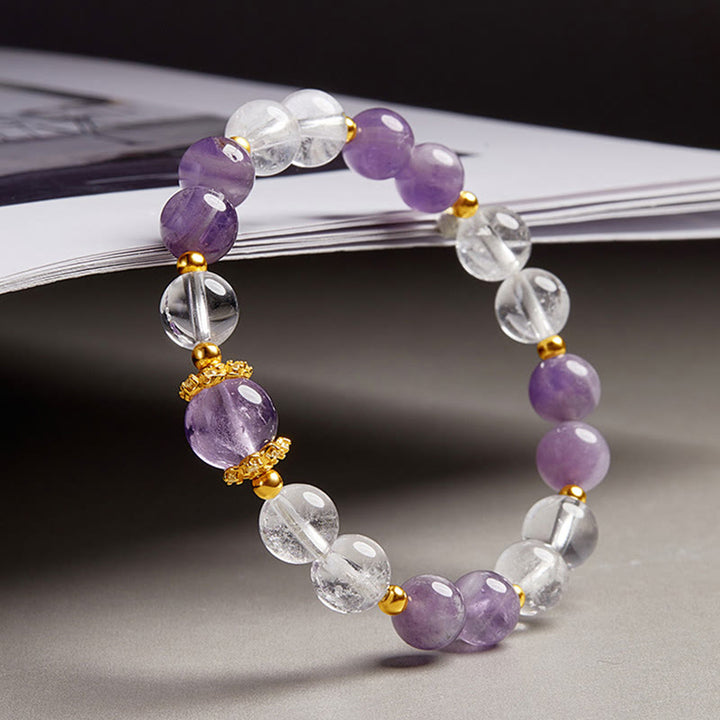 Bracciale Buddha Stones in argento sterling 925 con ametista naturale e cristallo bianco
