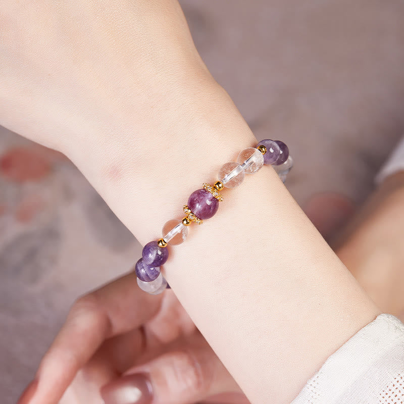 Bracciale Buddha Stones in argento sterling 925 con ametista naturale e cristallo bianco