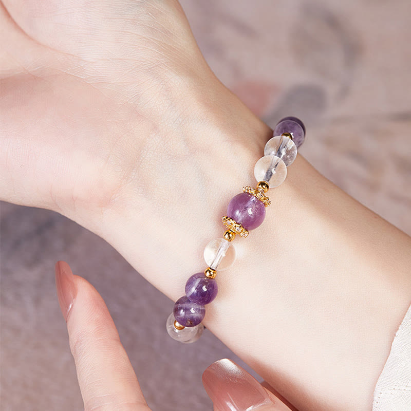 Bracciale Buddha Stones in argento sterling 925 con ametista naturale e cristallo bianco