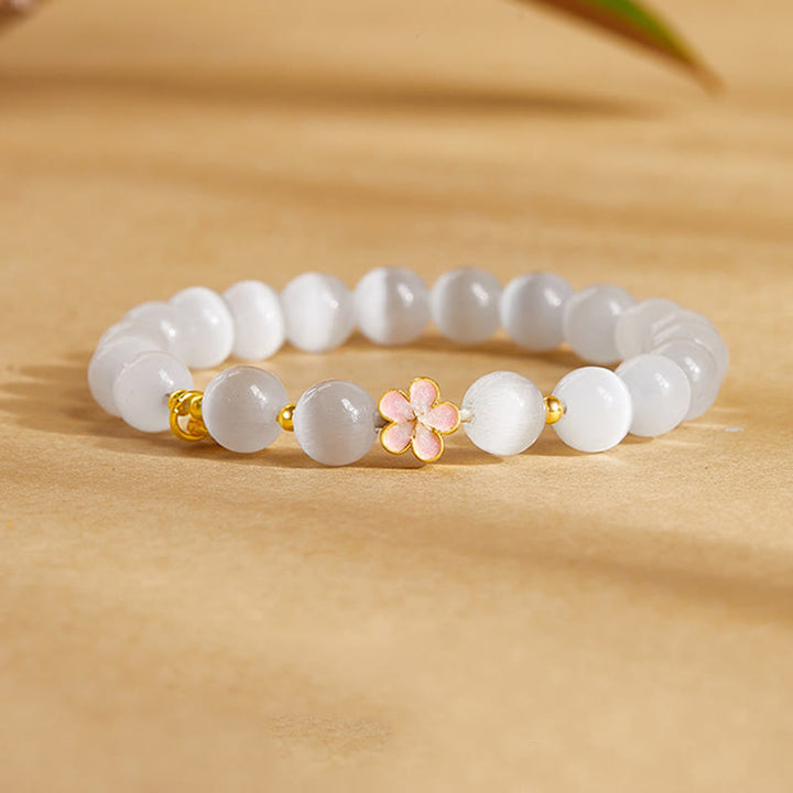 Bracciale Buddha Stones in argento sterling 925 con pietra naturale in fiore di pesco e occhio di gatto bianco positivo