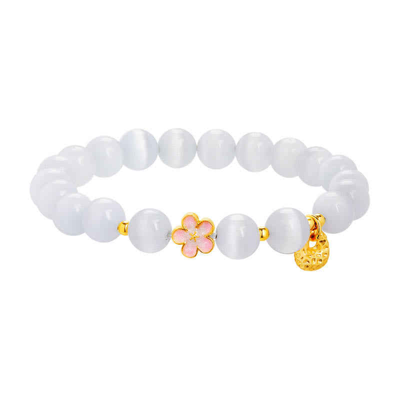 Bracciale Buddha Stones in argento sterling 925 con pietra naturale in fiore di pesco e occhio di gatto bianco positivo